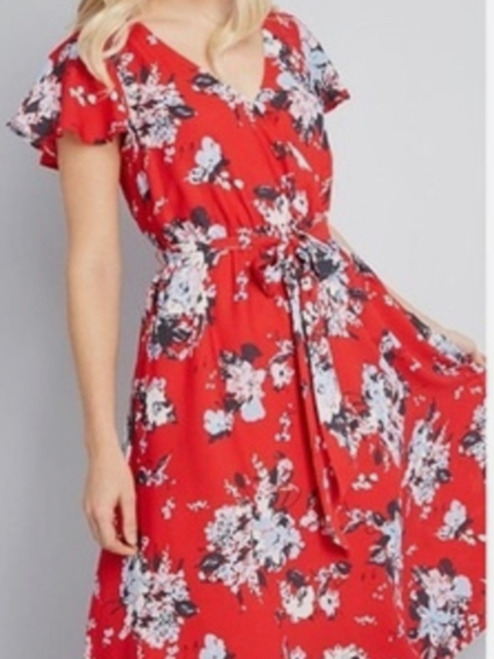 MODCLOTH Fits of Bliss Short Sleeve Dress! Red Floral Midi Medium Faux Wrap